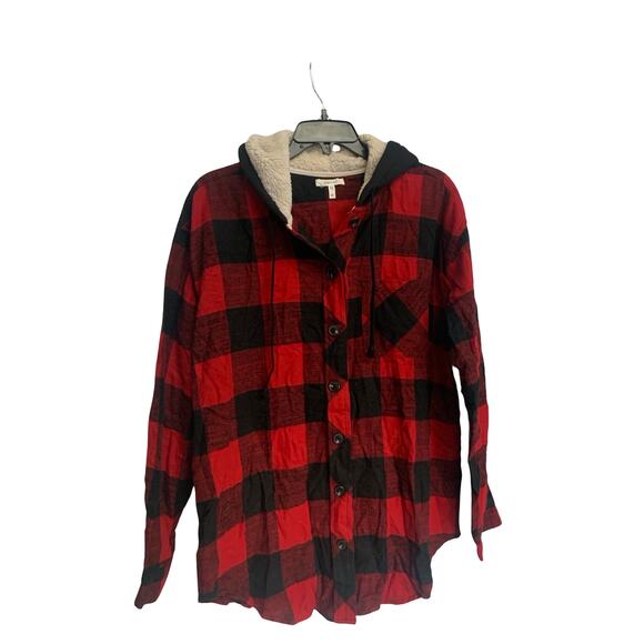 Maurices Red Black Buffalo Plaid Sherpa Lined Hooded Flannel Shirt Jacket M - Picture 3 of 5